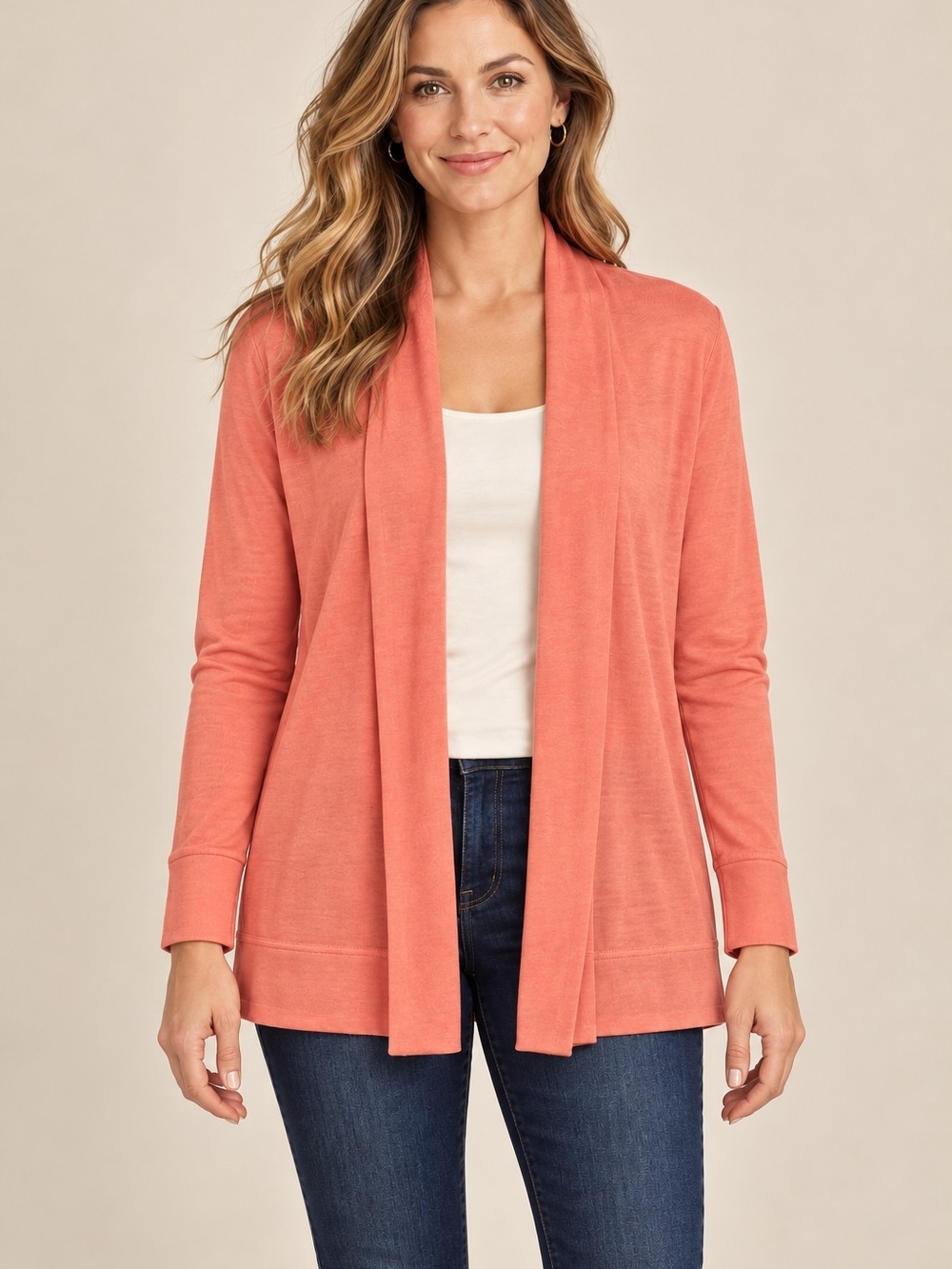 Eden Ruth Lily Women’s Open Front Cardigan Size L Coral Pink Long Sleeve